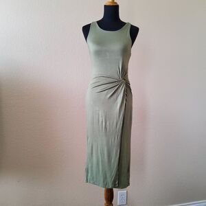 NWOT Three Dots Knot Ruched Bodycon Midi Dress Size S Olive Green